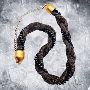 Artisan Twisted Mesh Necklace with Black Faceted Beads & Gold Tone Ends